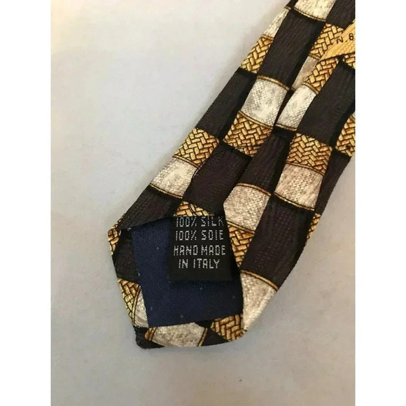 Valentino Cravatte Brown Gold Checker Weave Check 100% Silk Classic Neck Tie - Picture 5 of 5